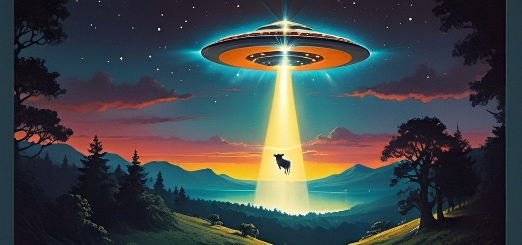 Prompt: (1970s science fiction fantasy cover art), a cow hovering in the air, being beamed up onto a flying saucer, dramatic light beam, (ultra-detailed), sci-fi poster art, vibrant moody lighting, night time scene, starlit sky, cosmic atmosphere, eerie yet captivating vibe, retro aesthetics, high quality.