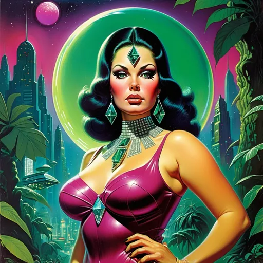 Prompt: 1970s science fiction fantasy cover art by Vladimir Tretchikoff. Gorgeous plus size woman detailed face, wearing jeweled diamond emerald ruby disco outfit. No jewelry. Retro, disco, futuristic jungle on an alien planet at night, with nebula in the sky moody vibrant colors. A futuristic city can be seen deep in the jungle. Illuminated by neon lights