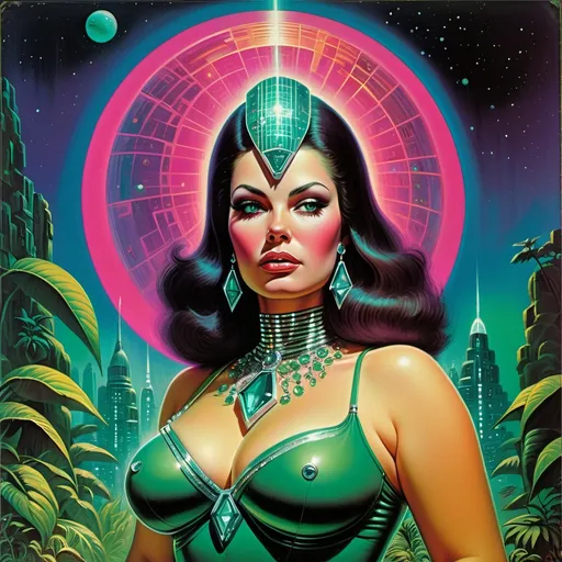 Prompt: 1970s science fiction fantasy cover art by Vladimir Tretchikoff. Gorgeous plus size woman detailed face, wearing jeweled diamond emerald ruby disco outfit. No jewelry. Retro, disco, futuristic jungle on an alien planet at night, with nebula in the sky moody vibrant colors. A futuristic city can be seen deep in the jungle. Illuminated by neon lights