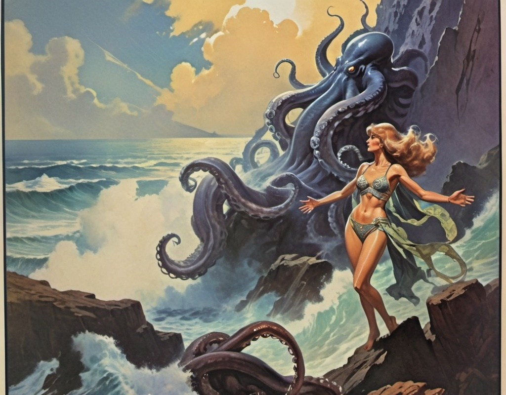 Prompt: (1970s science fiction book cover art in the style of Earl Norem), a priestess woman on a towering cliff facing towards the ocean with arms raised towards the sky, dramatic pose, summoning a monstrous octopus Kraken from the turbulent sea, intricate details in woman's clothing, retro style, HD quality, captivating and adventurous mood.