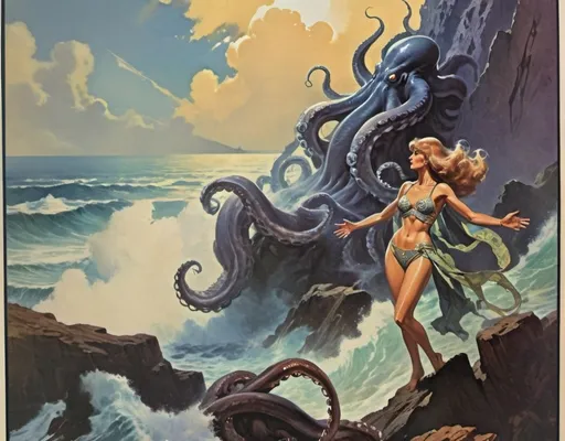 Prompt: (1970s science fiction book cover art in the style of Earl Norem), a priestess woman on a towering cliff facing towards the ocean with arms raised towards the sky, dramatic pose, summoning a monstrous octopus Kraken from the turbulent sea, intricate details in woman's clothing, retro style, HD quality, captivating and adventurous mood.