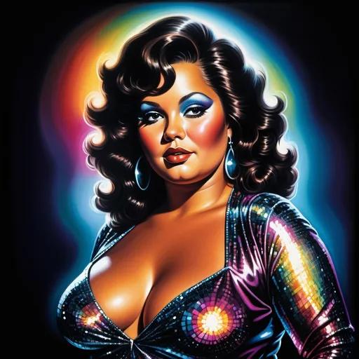 Prompt: 1970s style black velvet painting. Featuring attractive plus size curvy disco woman wearing glittering disco outfit. Moody vibrant glowing lighting illuminated on skin.  Black background. Sensual, mysterious intriguing, dark, moody, sensual. 