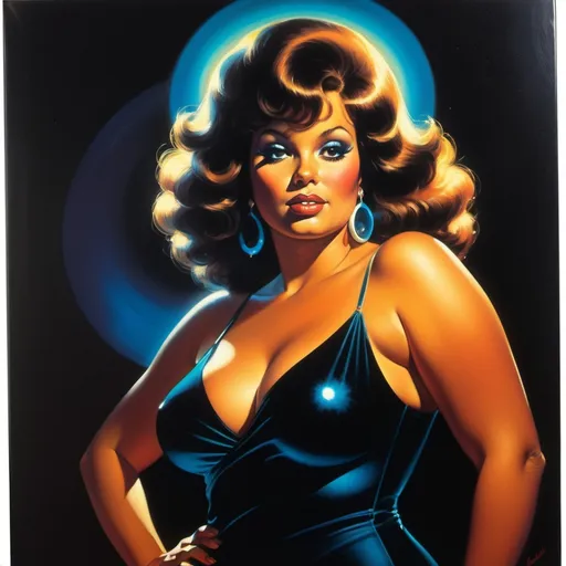 Prompt: 1970s Black Velvet painting of a curvy disco woman. With glowing vibrant Moody lighting. Earl Norem. Sensual. 