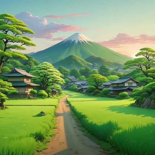 Prompt: japanese green countryside at dawn, nature, anime style
