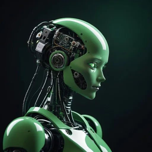 Prompt: humanoid robot, astract. green dark atmosphere, mechanics complex