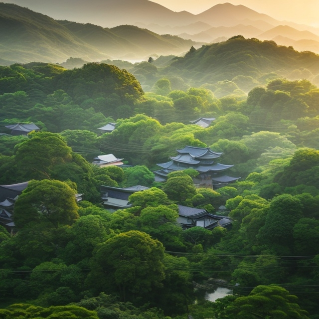 Prompt: japanese green countryside at dawn, nature, studio ghibli style