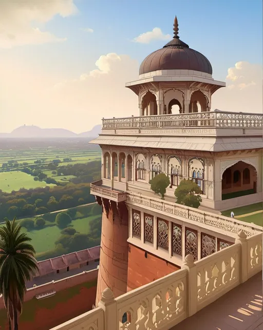 Prompt: a large building with a balcony and a dome on top of it with a view of a field and trees, Chris LaBrooy, samikshavad, intricate details, a detailed matte painting