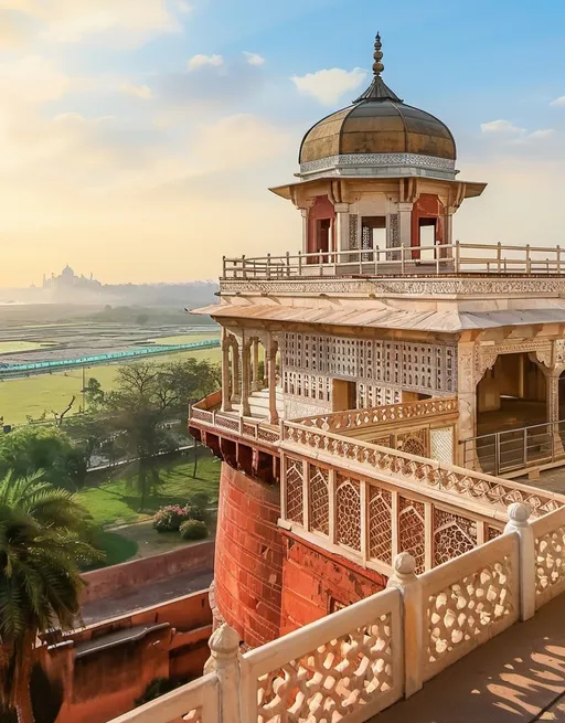 Prompt: a large building with a balcony and a dome on top of it with a view of a field and trees, Chris LaBrooy, samikshavad, intricate details, a detailed matte painting