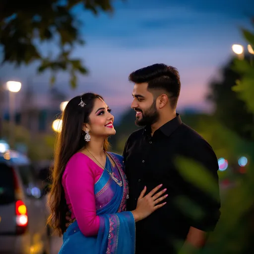 Prompt: Under a twilight sky, a couple stands close together, sharing a moment of intimacy amidst a tranquil outdoor setting illuminated by soft streetlights. The woman, adorned in a vibrant pink and blue traditional outfit, gazes at her partner with a gentle smile, her long hair cascading down her shoulders, while the man, dressed in a classic black shirt, looks at her with a warm expression, highlighting their connection. The background reveals hints of lush greenery, creating a serene ambiance, and the warm glow from nearby vehicles adds a layer of coziness to the scene. The focus on their togetherness and the gentle light encapsulates a sense of romance and celebration in this candid moment.
