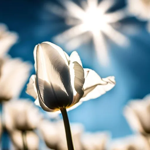 Prompt: A white tulip morphing into a flying dove under a cloudy sky with a single ray of sunlight shining down upon it.