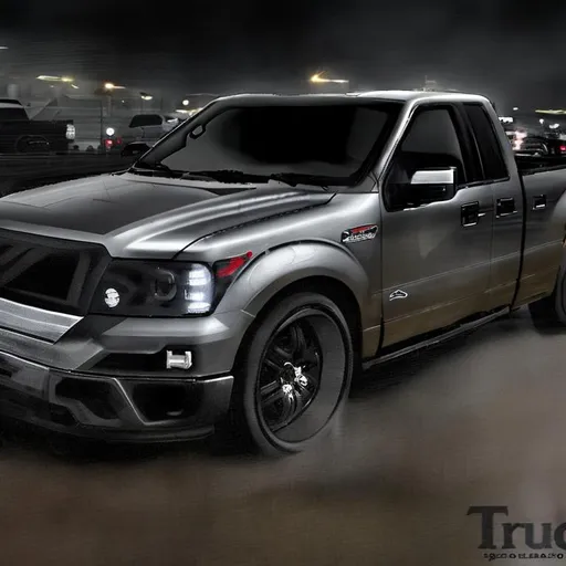 Prompt: dark grey 2006 f150 with blacked out mesh grill, smoke-colored LED projector headlights, high quality depiction, realistic, detailed urban background, dark and moody atmosphere, professional rendering, smoke effects, industrial, urban, detailed reflections, atmospheric lighting, realistic