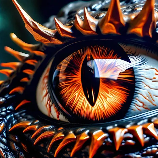 Prompt: close up photo realist painting of dark soul dragon eye, blurred mountain top background, macro , detailed view of the reflection of alter in the eye, dark scheme, subtle bright orange highlights, angled overhead view ,  