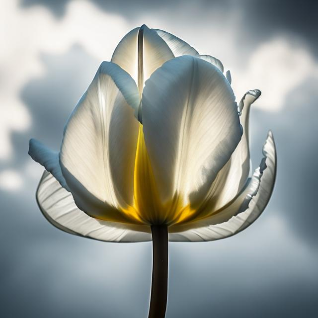 Prompt: A white tulip morphing into a flying dove under a cloudy sky with a single ray of sunlight shining down upon it.