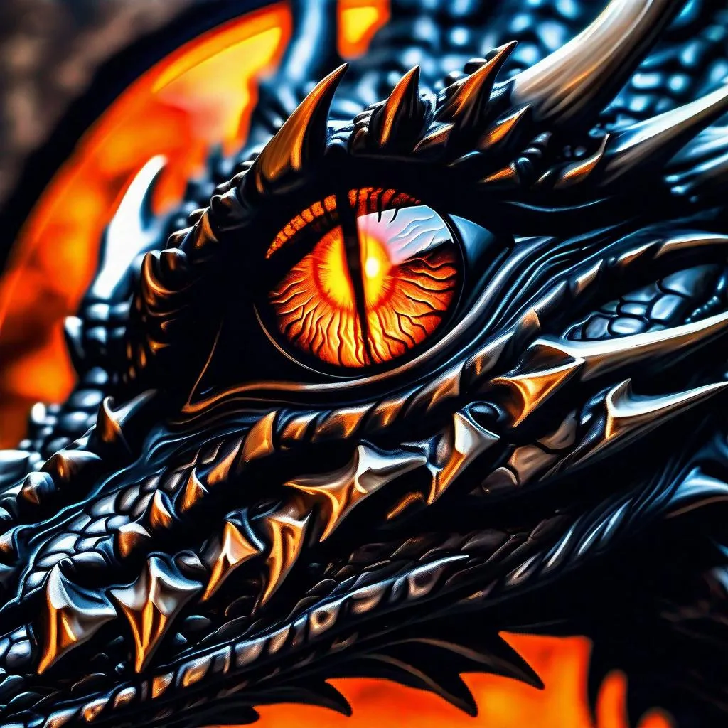 Prompt: close up photo realist painting of dark soul dragon eye, blurred mountain top background, macro , detailed view of the reflection of alter in the eye, dark scheme, subtle bright orange highlights, angled overhead view ,  