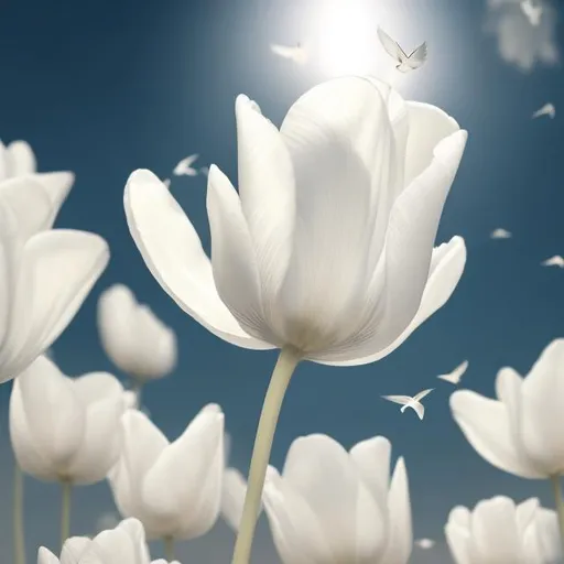 Prompt: From a White tulip  to a flying white dove above it, digital art, smooth transition, high quality, surreal, ethereal, graceful, delicate, detailed petals, elegant transformation, soft lighting, mystical, white tones, seamless blend, dreamlike, modern digital art, smooth transition, highres, ultra-detailed, surreal, elegant, delicate petals