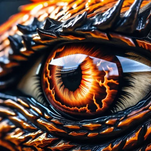 Prompt: close up photo realist painting of dark soul dragon eye, blurred mountain top background, macro , detailed view of the reflection of alter in the eye, dark and orange color scheme,, angled overhead view ,  