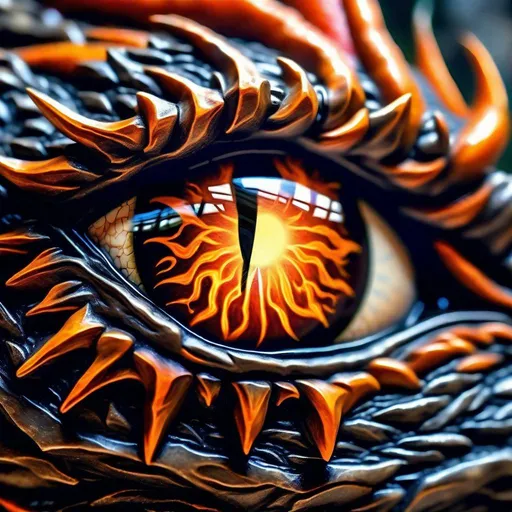 Prompt: close up photo realist painting of dark soul dragon eye, blurred mountain top background, macro , detailed view of the reflection of alter in the eye, dark scheme, subtle bright orange highlights, angled overhead view ,  