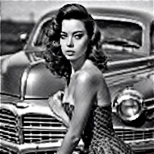 Prompt: <mymodel>  1950's pin up model, posing in from of custom candy paint car, highly detailed face, perfect body, sensual, hyperrealism, photoshoot, in greyscale
