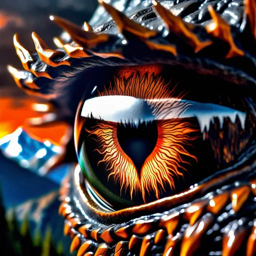 Prompt: close up photo realist painting of dark soul dragon eye, blurred mountain top background, macro , detailed view of the reflection of alter in the eye, dark scheme, subtle bright orange highlights, angled overhead view ,  