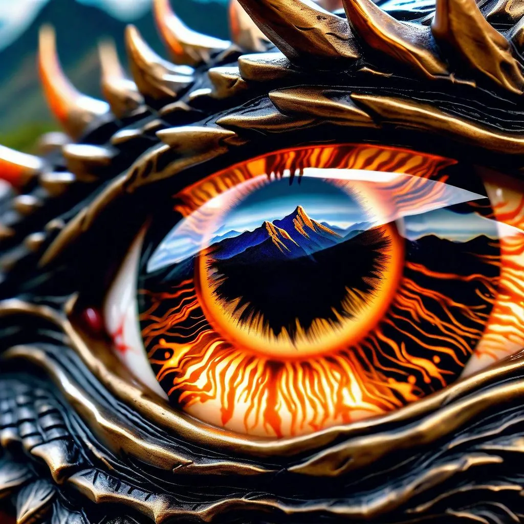 Prompt: close up photo realist painting of dark soul dragon eye, blurred mountain top background, macro , detailed view of the reflection of alter in the eye, dark scheme, subtle bright orange highlights, angled overhead view ,  