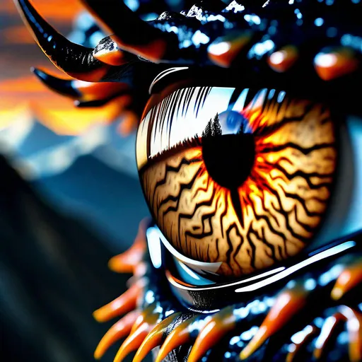 Prompt: close up photo realist painting of dark soul dragon eye, blurred mountain top background, macro , detailed view of the reflection of alter in the eye, dark and orange color scheme,, angled overhead view ,  