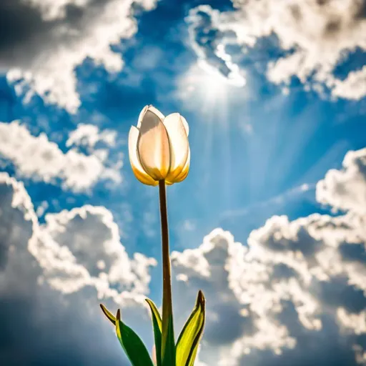 Prompt: A white tulip morphing into a flying dove under a cloudy sky with a single ray of sunlight shining down upon it.