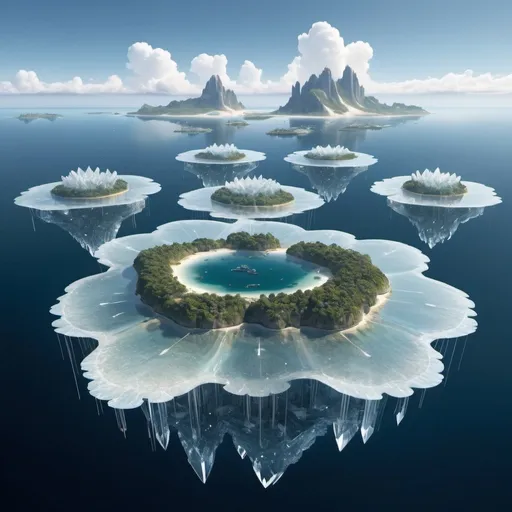 Prompt: A cluster of islands that float above the ocean, suspended in the air by large, crystal formations that generate anti-gravitational fields.