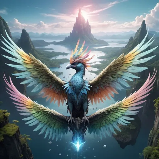 Prompt: Bird-like humanoids with large, feathered wings, keen eyesight, maintaining crystals on the Floating Isles, expanding islands, mystical atmosphere, high quality, detailed feathers, fantasy, vibrant colors, magical crystal manipulation, ethereal lighting, floating islands, majestic, mythical creatures, detailed eyes, professional, atmospheric lighting, but the size of birdlike humanoids is 100 times smaller than the size of the land and the land is has diversity of flaura and faune with stunning medium size mountains and riversides, the birdlike humanoids are standing or flying over the land, the land should be in the middle of the scenery 