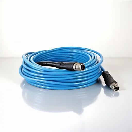 Prompt: (realism style painting), (ultrafine detail), blue hose with intertwined black cords, (Aquirax Uno), realistic texture of plastic and cable wires, intricate shading and highlighting, muted colors with soft lighting, detailed reflections, and shadows for a three-dimensional effect, harmony in composition, emphasizing the complexity of the cords intertwined with the hose, high-quality craftsmanship. 