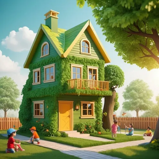 Prompt: Create an dream home with full of imagination of greenish house that build with tree or leaves, parents, boys and girls enjoy playing in the play ground. Must show a big sun and create in cute cartoon style