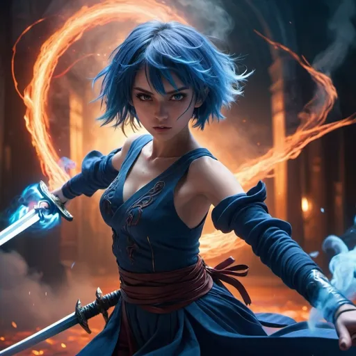 Prompt: anime girl with short blue hair and nice dress slashing trough demon with sword in each hand
