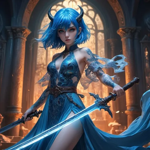 Prompt: anime girl with blue hair and nice dress holding a demon sword
