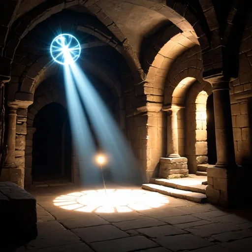 Prompt: Wispy orbs of light floating in dungeon 