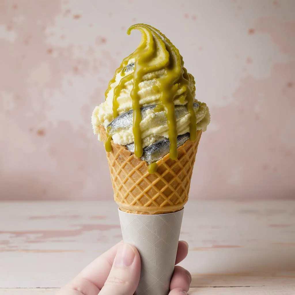 Prompt: Pickle and sardine ice cream cone