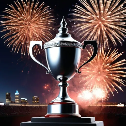 Prompt: Very nice looking trophy decorated and fireworks going off behind it