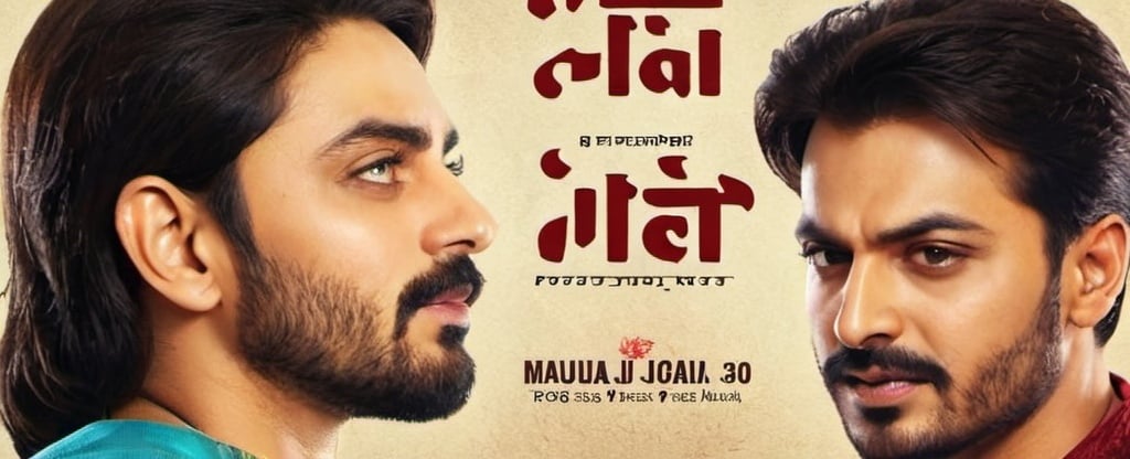 Prompt: a poster of a movie with a man and woman looking at each other and the words Maula Jatt, serial art, movie poster, poster art
