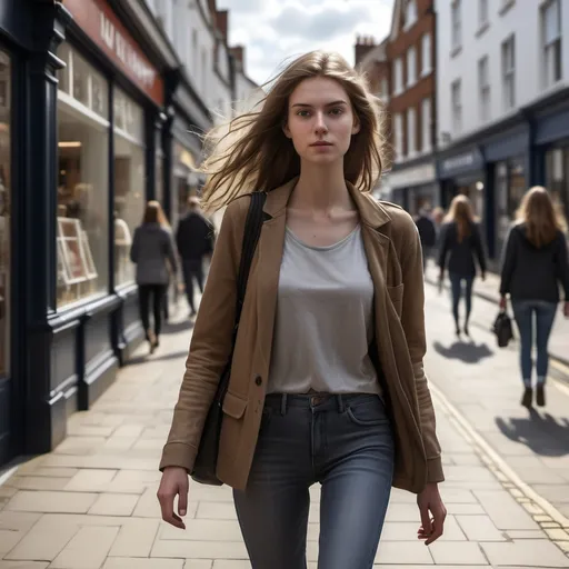 Prompt: Tall young woman walking down the high street, detailed clothing, realistic, natural lighting