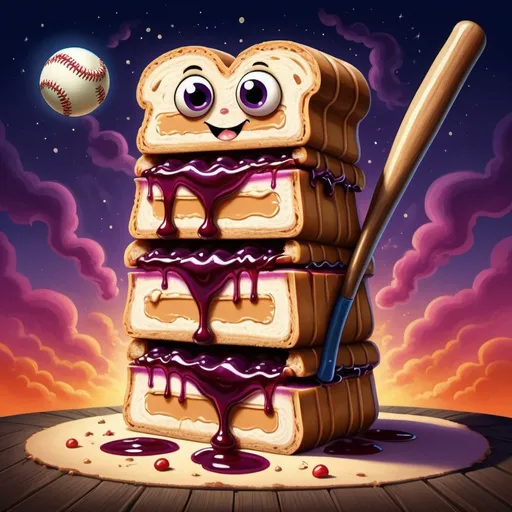 Prompt: Fantasy illustration of a towering peanut butter and jelly sandwich with a menacing baseball bat, magical glow, whimsical artistic style, vibrant colors, enchanting glow, larger than life, fantasy, larger than life, magical, vibrant colors, whimsical, towering, menacing baseball bat, enchanting glow, fantasy style, detailed texture, larger than life, best quality, highres, ultra-detailed, whimsical artistic style