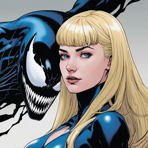 Prompt: Blonde girl with a blue venom symbiote head looking over her shoulder