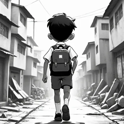 Prompt: After taking a deep breath, he starts walking towards his school with his posture straightened, showing newfound resolve. He is dressed in his school uniform with shorts, carrying a heavy backpack. The background captures the narrow, cluttered lanes of the slum, but his confident stride suggests a more hopeful outlook.

black and white 2d cartoon image