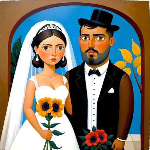 Prompt: A front view of a bride and groom standing side by side. The bride is short, very chunky, brown-eyed, olive-skinned, Latina bride with a short neck and brown eyes. The groom is a Caucasian, bald, blue-eyed groom with a light brown beard. All in the style of Fernando Botero, naive art, in gouache detailed paintings, an ultrafine detailed painting