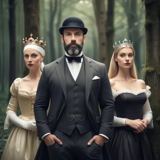 Prompt: A book cover of a well dressed, fit, forty two year old  italian with a beard. Wearing a bowler cap. He stands in front of a dark forest and two princesses stand beside him, one of them is bald and wears a fine silk head scarf. The other  wears a fine crown and has long blonde hair  GIVE THE GIRL ON HIS LEFT A CROWN
