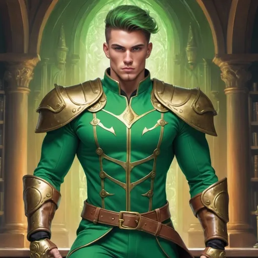 Prompt: a book cover with a 25 year old mage in a green suit with brass shoulder pads and knee pads, very muscular