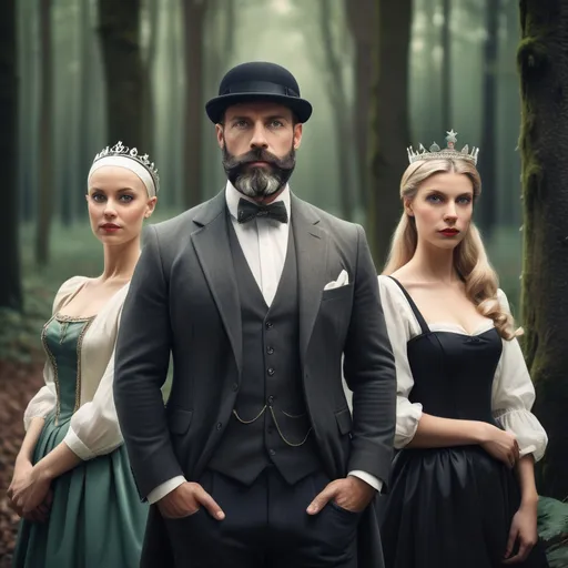 Prompt: A book cover of a well dressed, fit, forty two year old  italian with a beard. Wearing a bowler cap. He stands in front of a dark forest and two princesses stand beside him, one of them is bald and wears a fine silk head scarf. The other  wears a fine crown and has long blonde hair  GIVE THE GIRL ON HIS LEFT A CROWN
