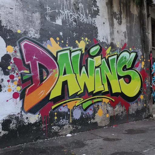 Prompt: A 3D graffiti piece of street art that pops off the wall, giving life to the concrete. Name Dawins 