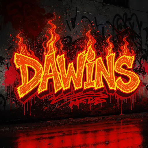Prompt: ✦ Graffiti Style pou “DAWINS” ✦
	•	Let yo: Gwo, agresif, ak ang file, chak lèt sanble ap soti nan miray la tankou li flanm.
	•	Koulè prensipal:
🔥 Wouj flanm dife pou kontou yo
🧡 Oranj klere pou ranpli chak lèt
💛 Jòn limen pou efè glow bò kote chak lèt
	•	Efè espesyal:
	•	Flanm dife ki ap monte deyò chak lèt tankou li pran dife
	•	Ti patikil cho ap vole bò kote yo
	•	Fons bèk nan fon miray la, avèk graffiti kraze, tach, ak tach koulè
	•	Anviwònman: Yon miray lari sal, ak boukan ap soti lwen, ton nwa ak limyè woz/oranj reflete sou asphalt mouye.

