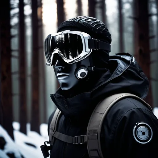 Prompt: Soldier in black, breathing mask, reflective snow goggles with ZURVEILLANCE, mountain woods, ominous, anonymous, futuristic, highres, ultra-detailed, sci-fi, futuristic style, reflective goggles, mysterious, intense atmosphere, dark tones, atmospheric lighting