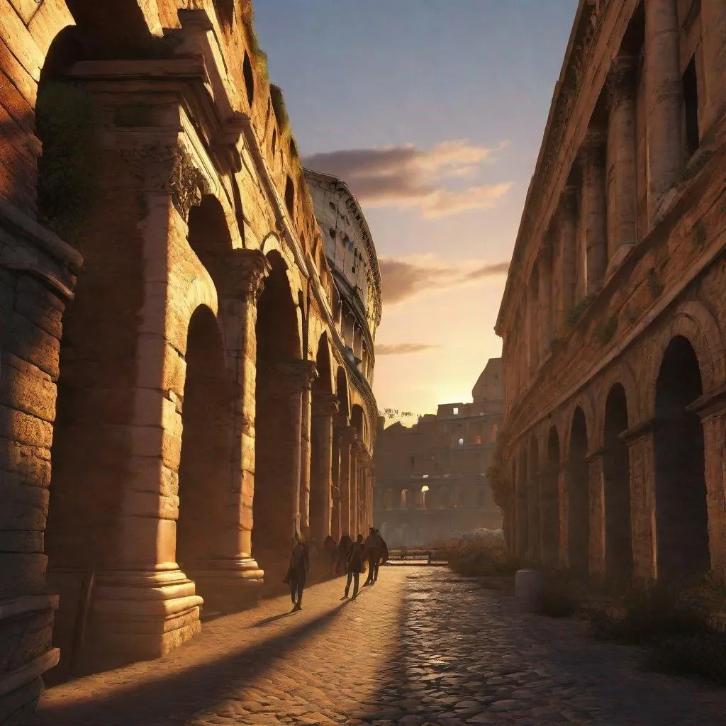 Prompt: A visually stunning and immersive image depicting a walk along the streets near the Colosseum in Rome, crafted with sophisticated visual effects like FKAA, TXAA, RTX, CGI, and VFX. This depiction showcases the ancient walls and archways bathed in the warm glow of sunset, creating deep shadows and highlighting the rich textures of the stonework. The scene is quiet and devoid of people, focusing on the historical essence and architectural beauty of the area, captured in a modern, cinematic style.