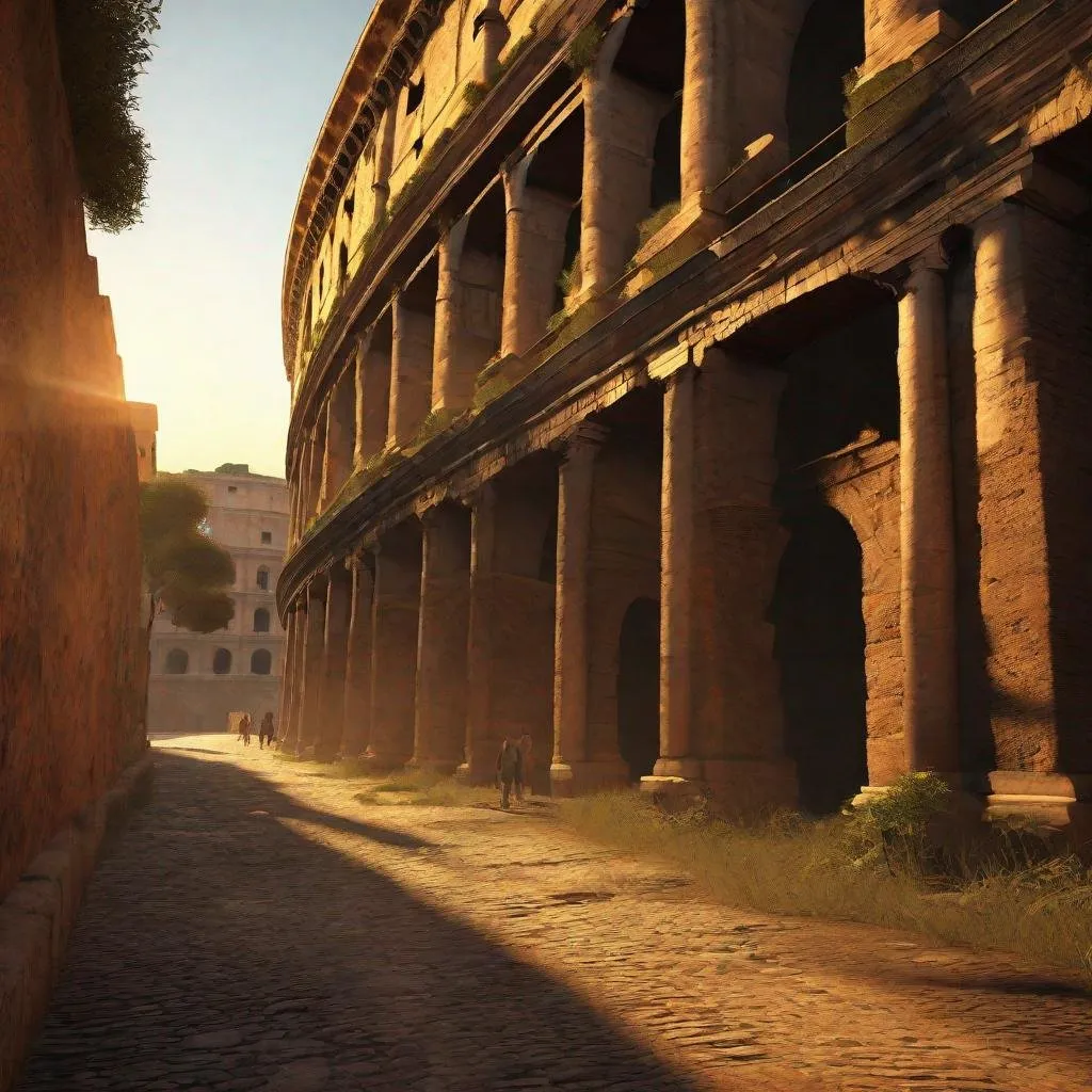 Prompt: A visually stunning and immersive image depicting a walk along the streets near the Colosseum in Rome, crafted with sophisticated visual effects like FKAA, TXAA, RTX, CGI, and VFX. This depiction showcases the ancient walls and archways bathed in the warm glow of sunset, creating deep shadows and highlighting the rich textures of the stonework. The scene is quiet and devoid of people, focusing on the historical essence and architectural beauty of the area, captured in a modern, cinematic style.