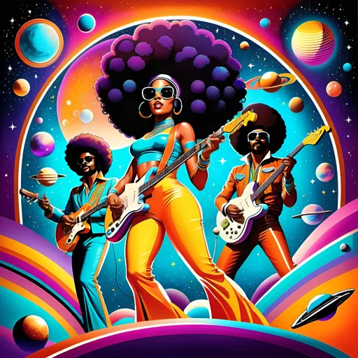 Prompt: Funky 1970's P Funk space illustration, vibrant psychedelic colors, groovy cosmic atmosphere, funky spaceship with retro design, diverse group of musicians jamming in zero gravity, afro hairstyles and colorful retro outfits, love and unity vibes, high quality, retro-futuristic, vibrant colors, cosmic funk, detailed characters, groovy lighting